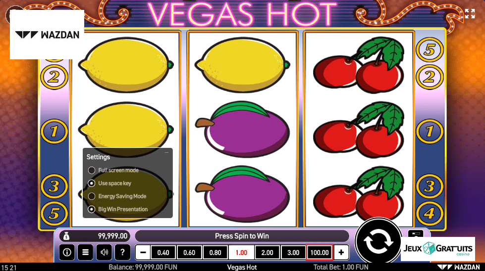machine à sous Vegas Hot écran 4