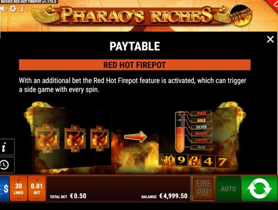 machine à sous Pharaos Riches Red Hot Firepot écran 3